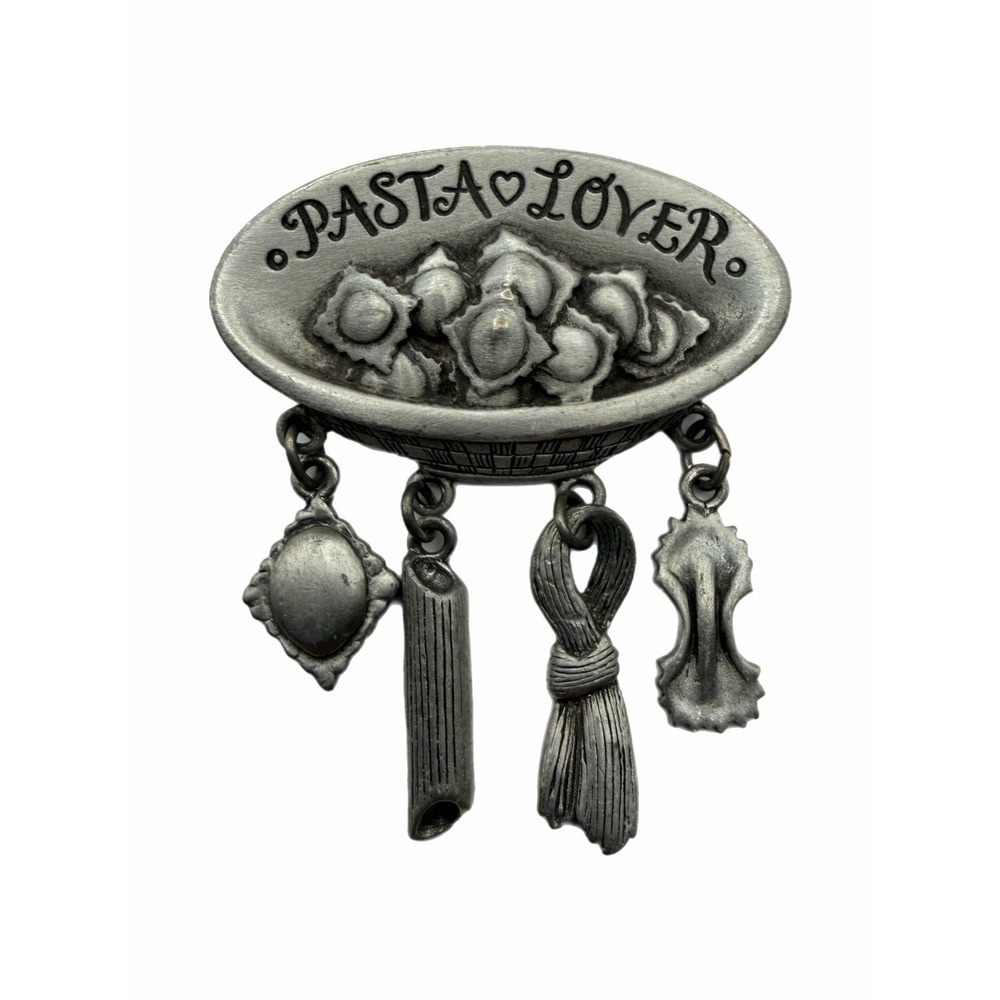 JJ Jonette Jewelry Vintage Pasta Lover Pewter Brooch Foodie Novelty Dangle Pin